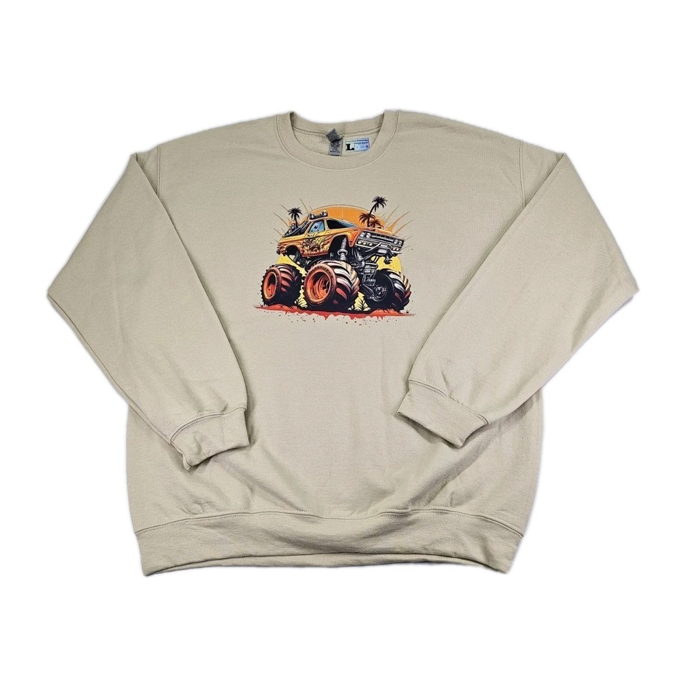 4 wheeling Monster Truck Unisex L Heavy Blend Tan Sweatshirt Pullover Sun Palms